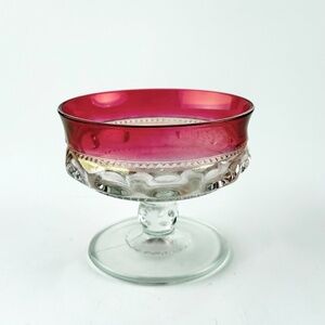 Vintage set of 6 Tiffin Kings Crown Thumbprint Coupe Glass, Cranberry Trim